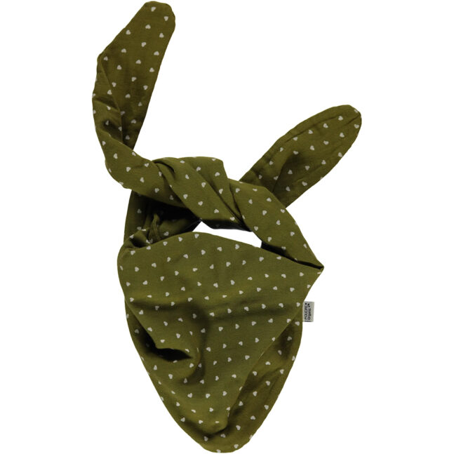 Foulard triangulaire en coton bio de Poudre Organic en vert avec des petits cœurs blancs