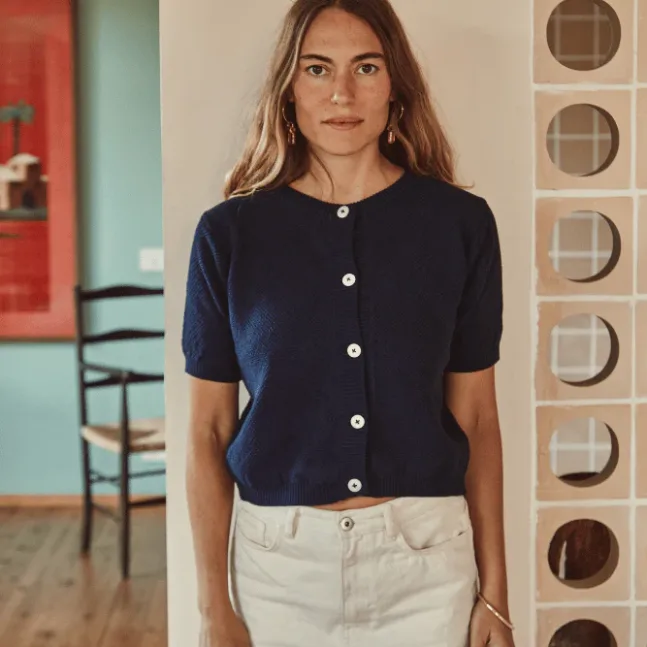 SARAH Kurzarm-Cardigan in Navy Blau von L'envers