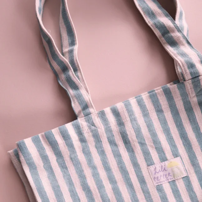 Handbedruckte Tote Bag Stripe Rose Blue von Lili Pepper